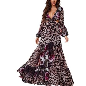 Giffniseti Leopard Floral Print Long Sleeve Ruffle Hem Maxi Dress NWT